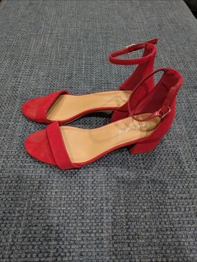 Cityclassified Red Suede Ankle-Strap Block Heels